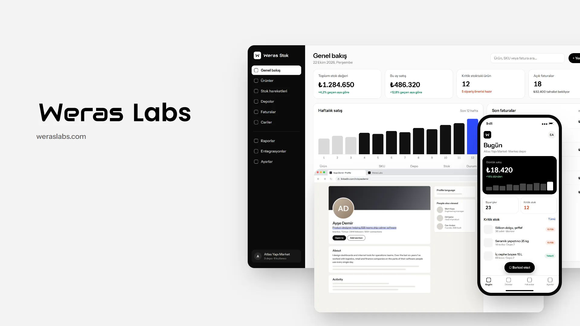 The Weras Labs logo with screens of a stock dashboard, the HookSlayer extension and a mobile app