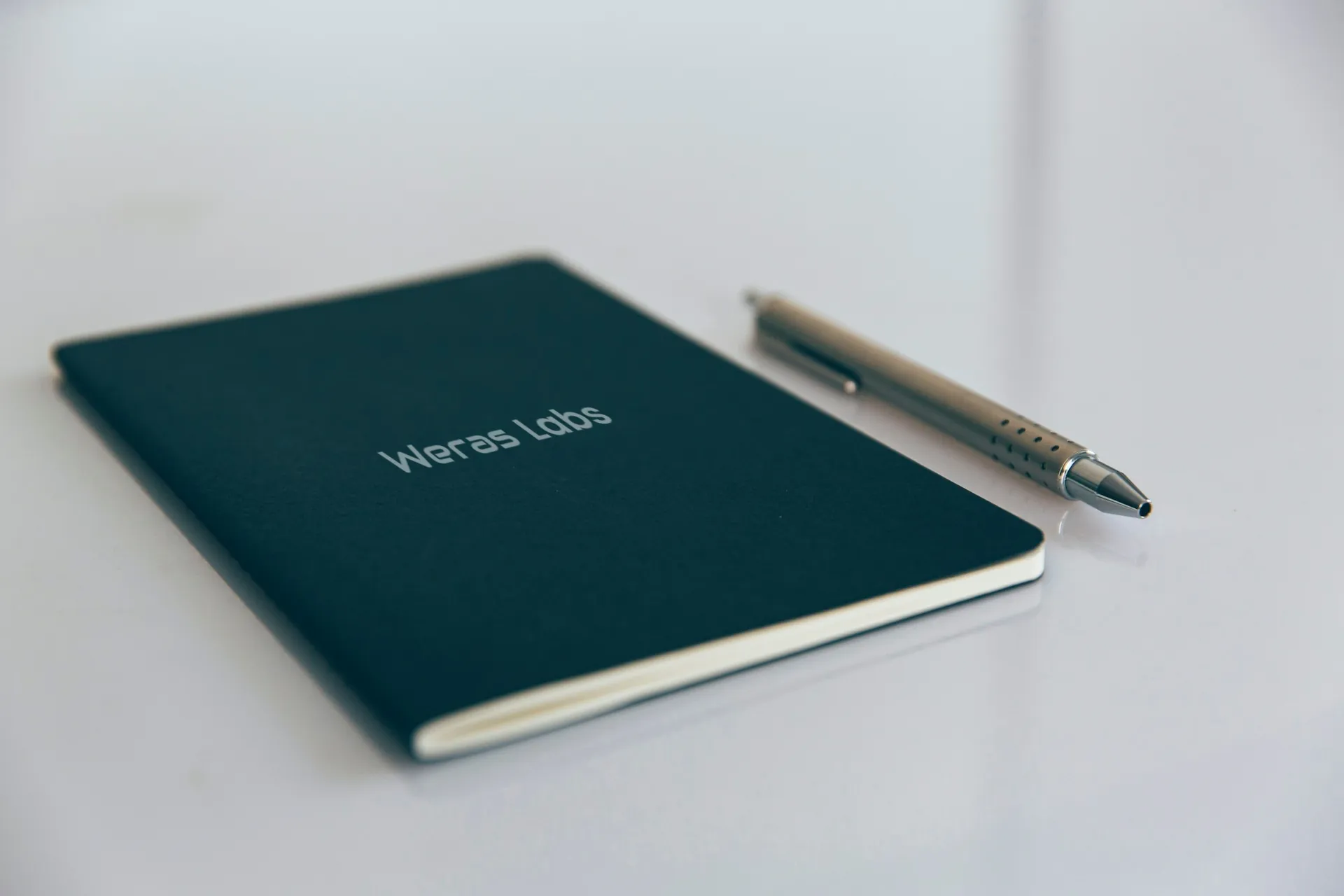Koyu kapaklı defterde Weras Labs baskısı ve yanında kalem