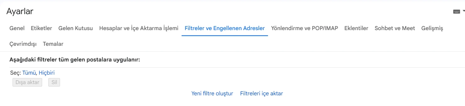 Gmail ayarlarında Filtreler ve Engellenen Adresler sekmesi