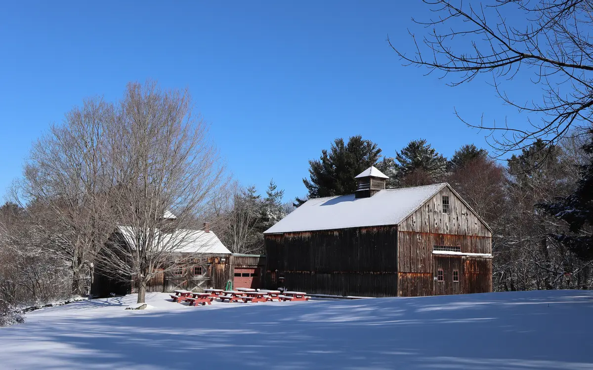 Web design in Massachusetts: The barn, "Nature Niche", and picnic area at Capen Hill Nature Sanctuary, taken the morning after a snowfall.