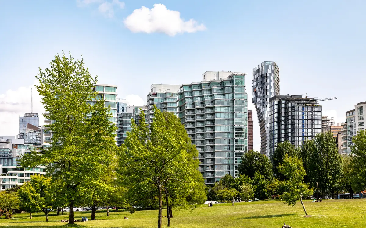 Web design in Vancouver: Devonian Harbour Park with skyline of the West End district in Vancouver, British Columbia, Canada